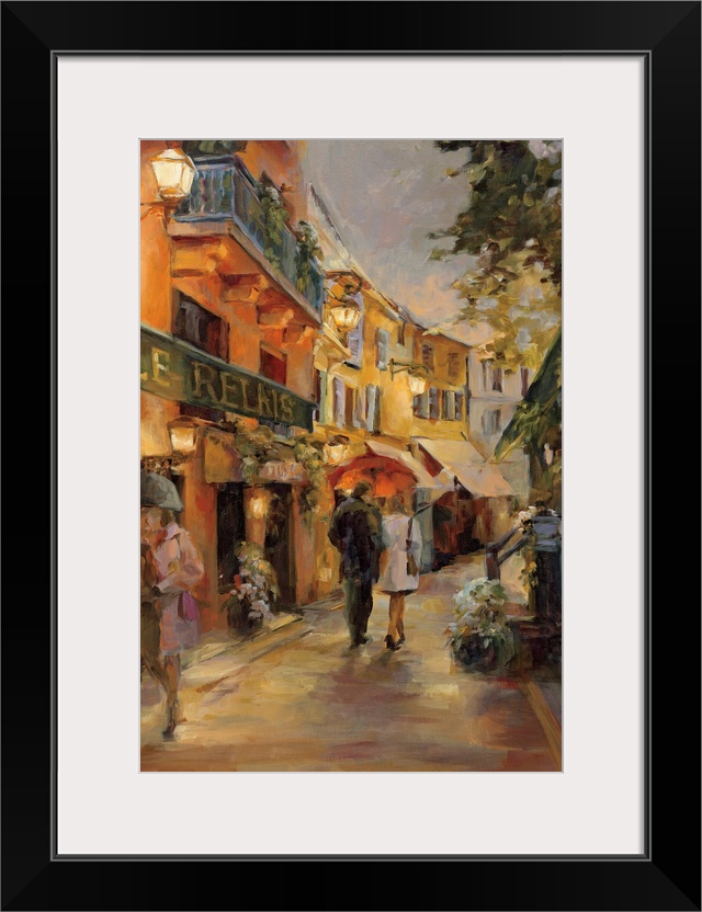 Vertical, contemporary painting of a couple walking through the rain under an umbrella down a winding Parisian street.