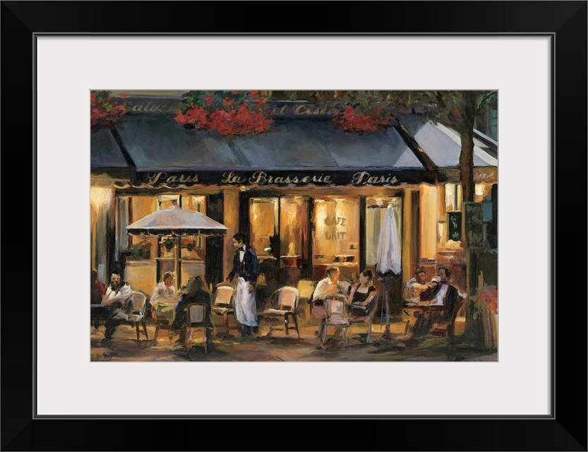Cafo patrons sit at tables outside in the soft glow of the Parisian evening light. This is a contemporary horizontal paint...