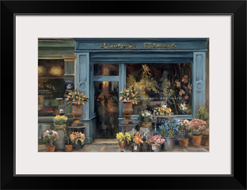 This contemporary painting depicts a French flower shop surrounded with buckets crowded with fresh blossoms.