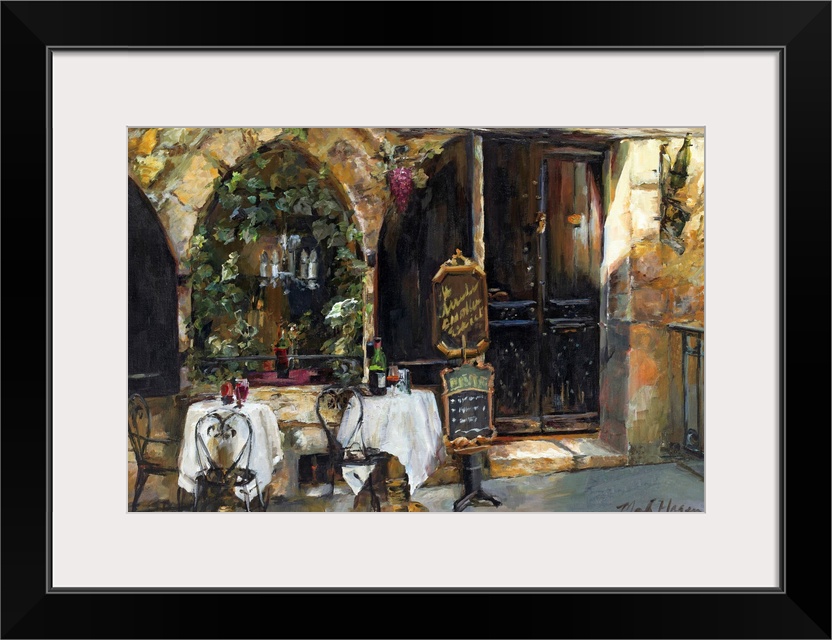 An impressionistic painting of an outdoor cafo in a rustic European city.