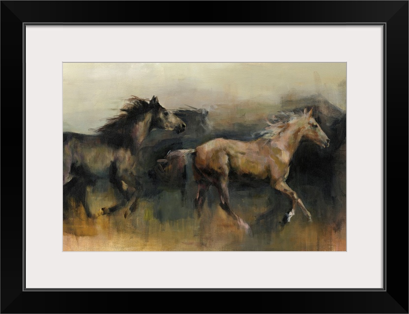 Contemporary painting of a black and a brown horse galloping in the western desert.
