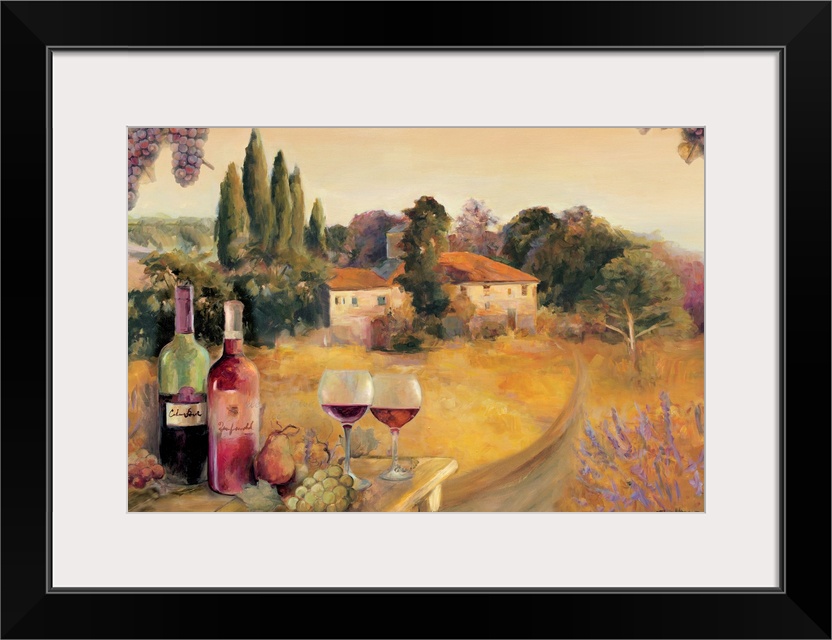 Large horizontal painting of a road leading to a Tuscan vineyard amongst groups of trees in the background.  A table of wi...