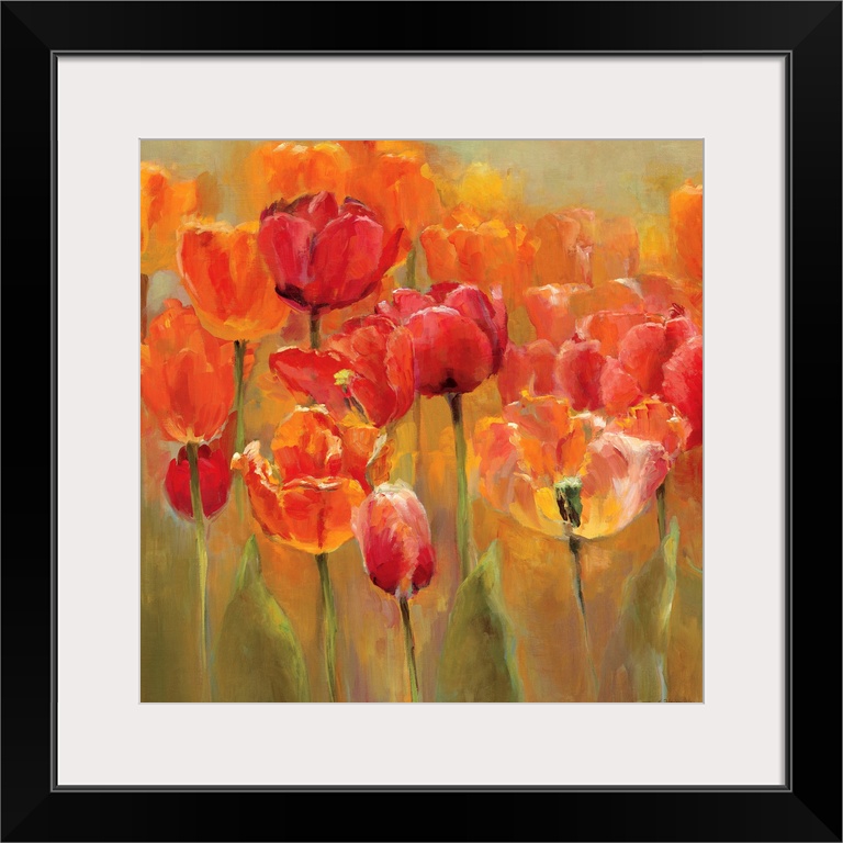Square painting of tulips with flame colors on a neutral background.