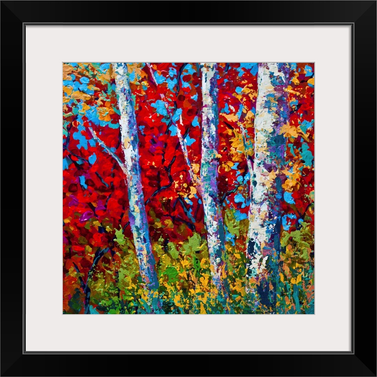 Contemporary painting by Marion Rose of three trees with bright autumn leaves on a sunny fall day.