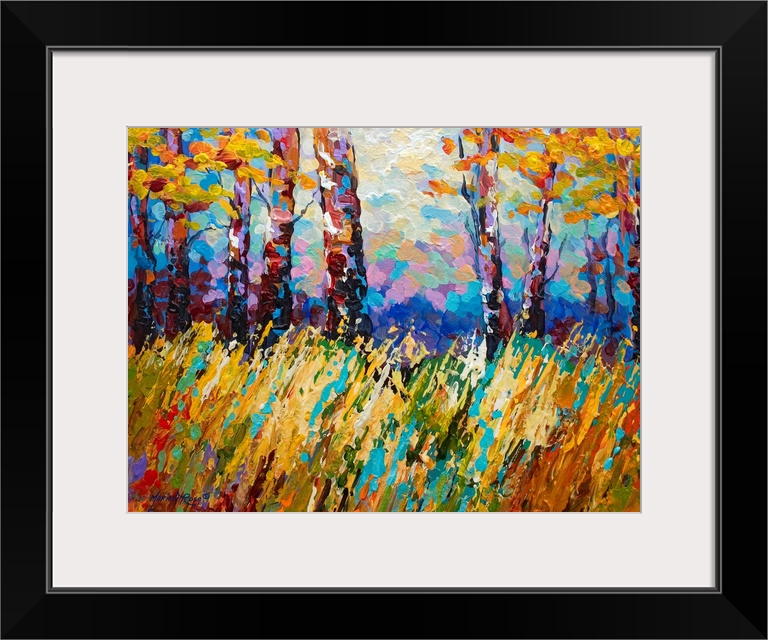 Large contemporary art portrays a set of trees sitting within a field of high grass as it gently blows in the wind.  Artis...