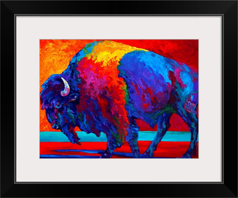 Giant contemporary art focuses on the profile of a lone humpbacked shaggy-haired wild ox through the heavy use of vibrant ...