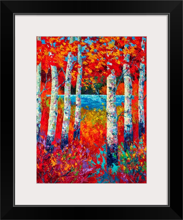This vertical painting depicts fall colors surrounding birch trees with a small river in the background.