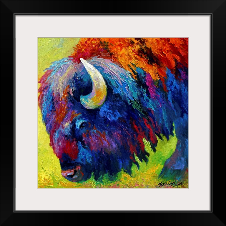 Square abstract painting of a bison with bright colors.