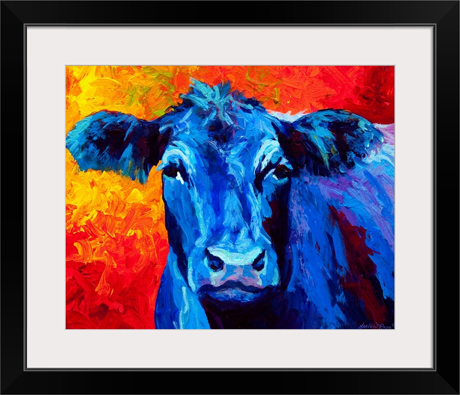 A contemporary portrait of a barn yard animal painted with bold brushstrokes and unusual colors.