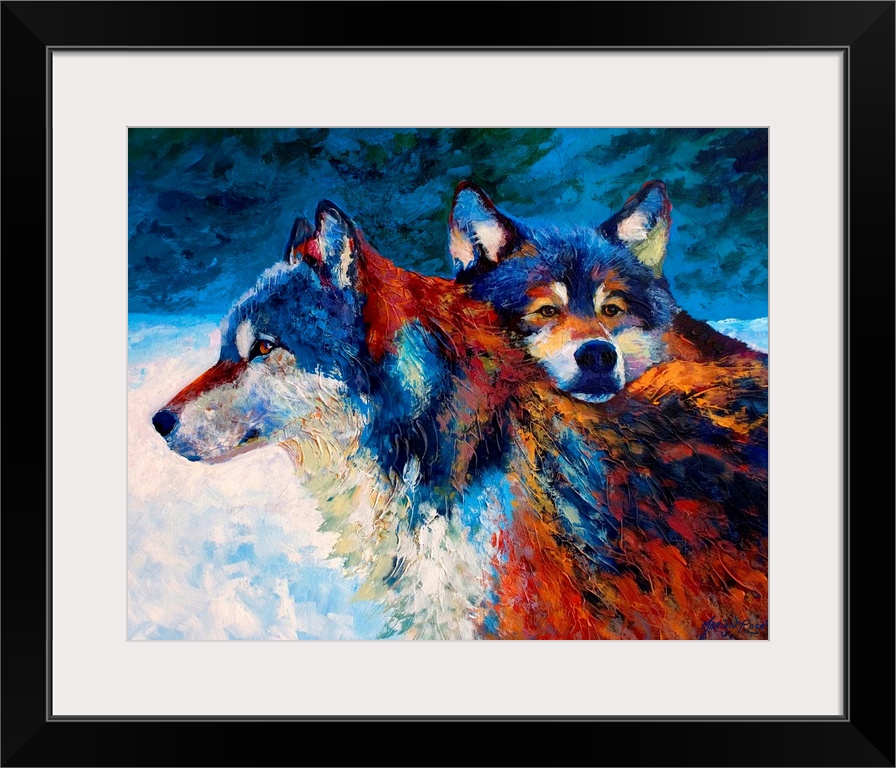 Contemporary painting of two wolves in the snow at night.