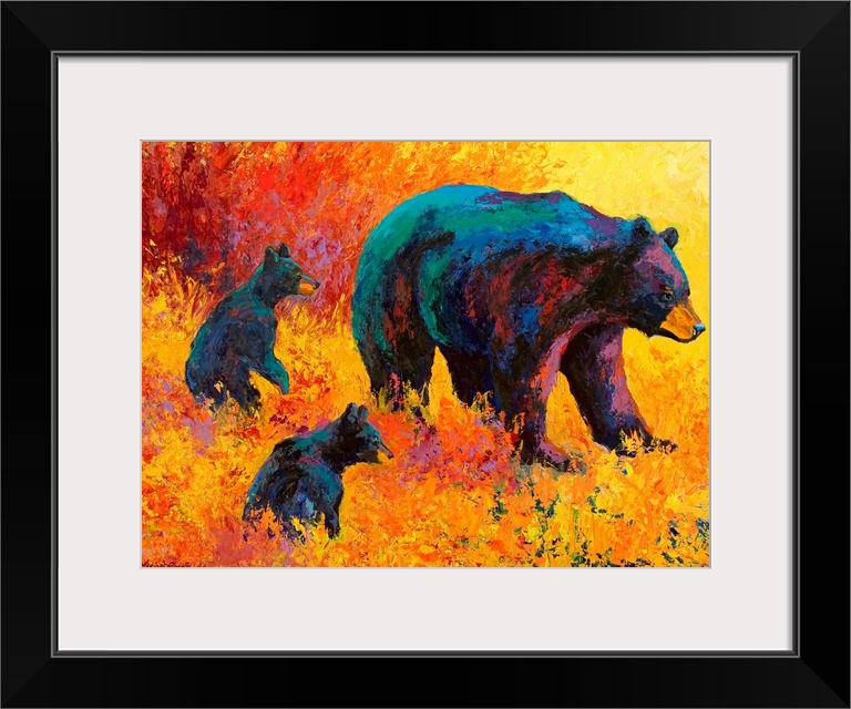 Contemporary artwork of a mother black bear with her two cubs by her side amongst warmly colored foliage.