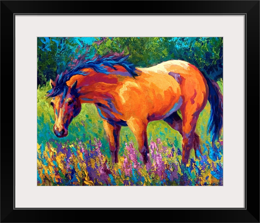 A contemporary painting of a horse gazing in the outdoors surrounded by wild flowers; this horizontal painting makes use o...