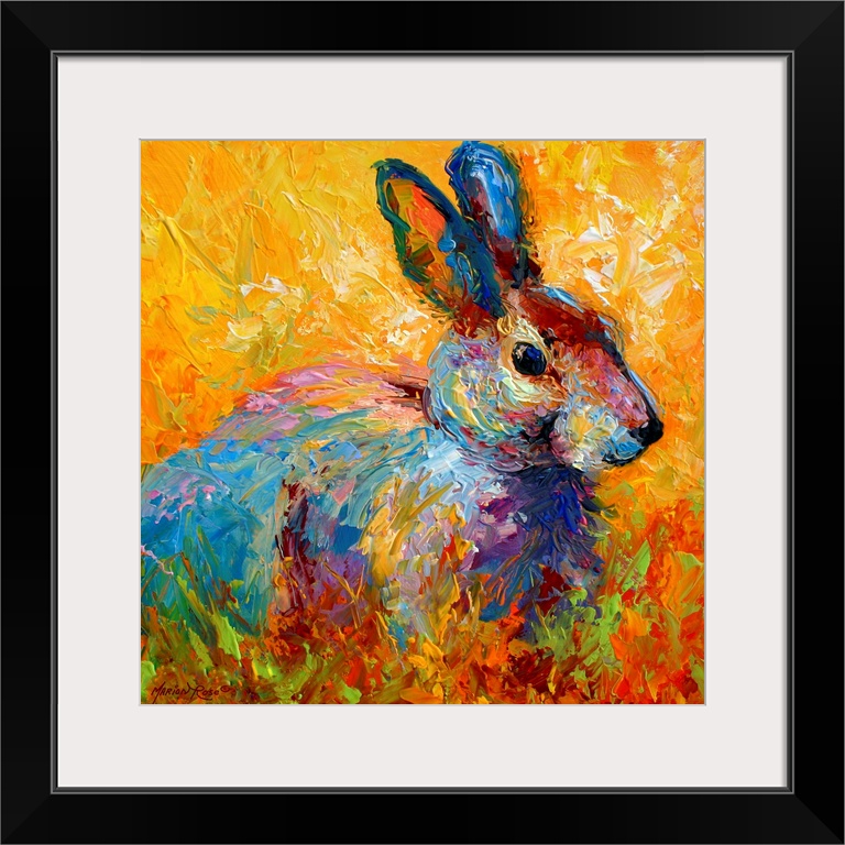 A square painting of a wild rabbit painted with wild and unexpected colors.
