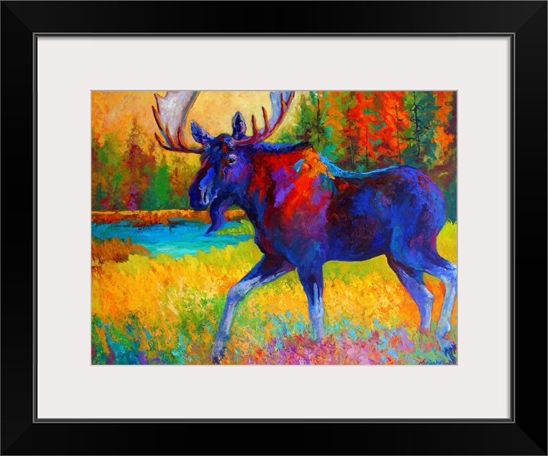 A bull moose strolls through grass near a pond in a pine forest in this contemporary painting with bright and unusual colors.