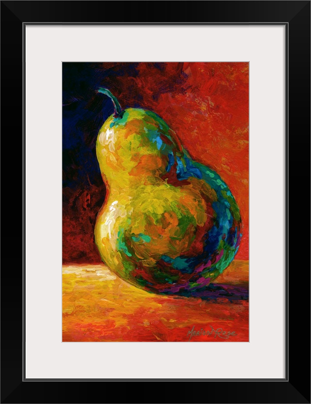 Contemporary artwork of a single pear resting on a table and casting a shadow, done in bold colors.