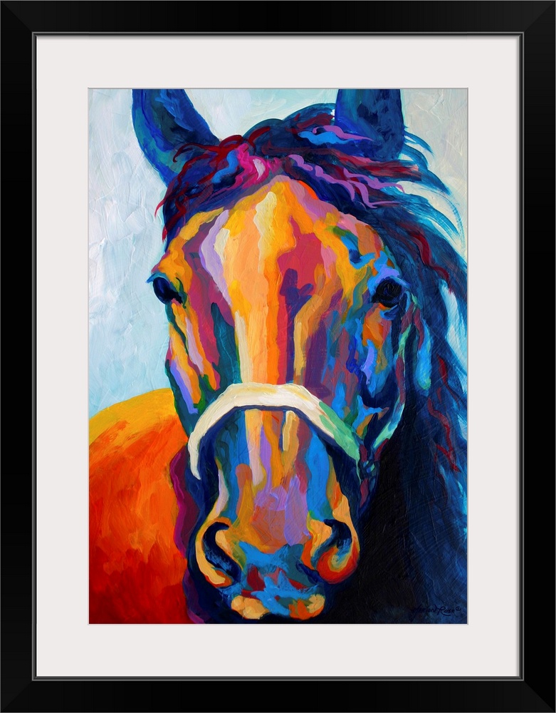 Contemporary art uses warm and cool colors to portray an up close image of a haltered horse's head whose mane is softly bl...