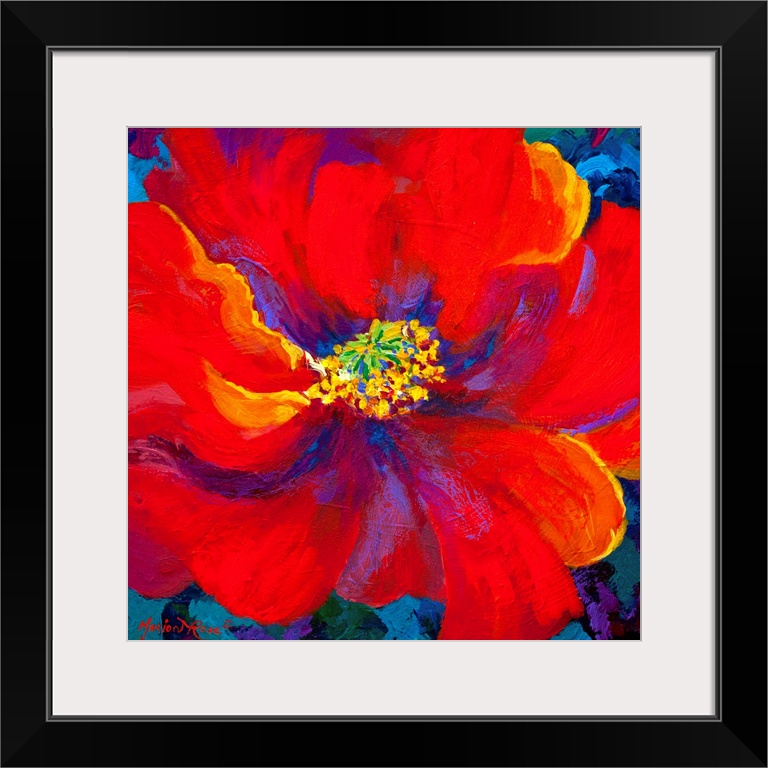 A contemporary artwork piece of a large red flower with accents of colors painted within it and a blue background.