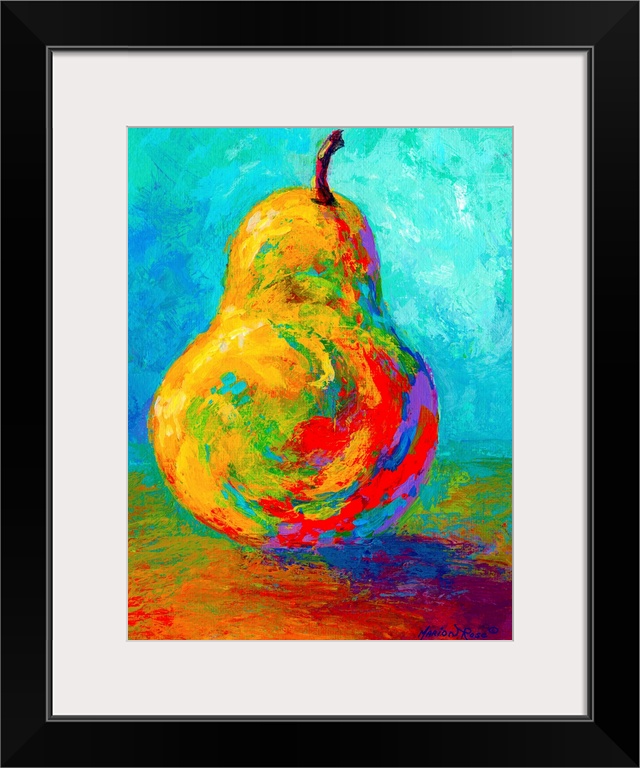 This vertical painting of a single piece of fruit balanced up right on the table uses vivid an unexpected colors to show t...