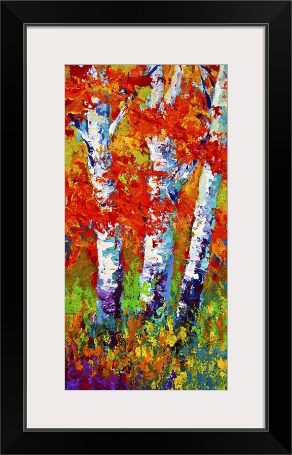 Vertical painting on a big canvas of several birch trees surrounded by vibrant fall leaves and grasses.