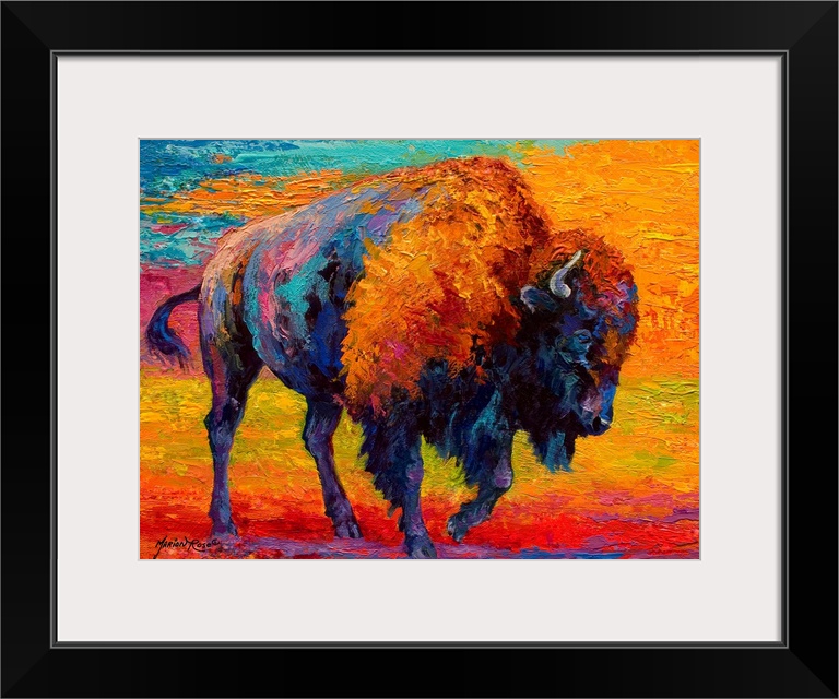 A contemporary artwork piece of a bison that uses various colors for the bison and the background.
