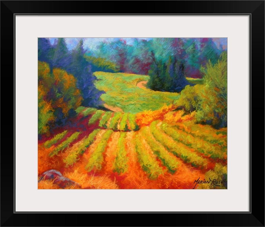 Big painting on canvas of a  vineyard with a forest and rolling hills in the background.