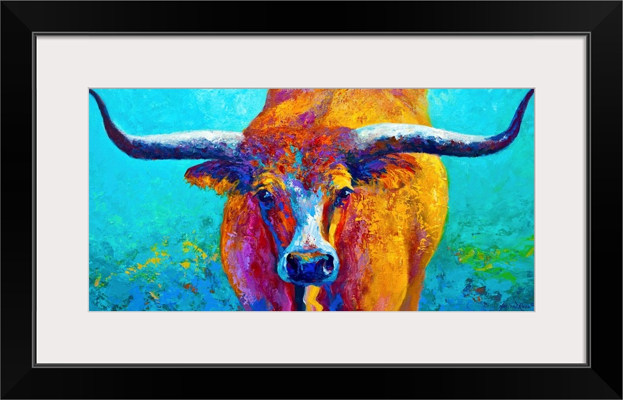 Oversized, landscape, decorative painting of a bull looking straight ahead, with large horns extending the entire width of...