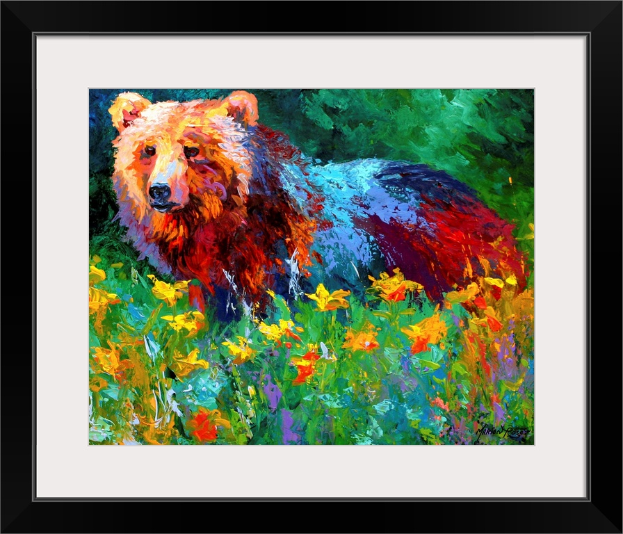 Impressionalistic painting of a large bear in the middle of a field of flowers with a forest in the background.