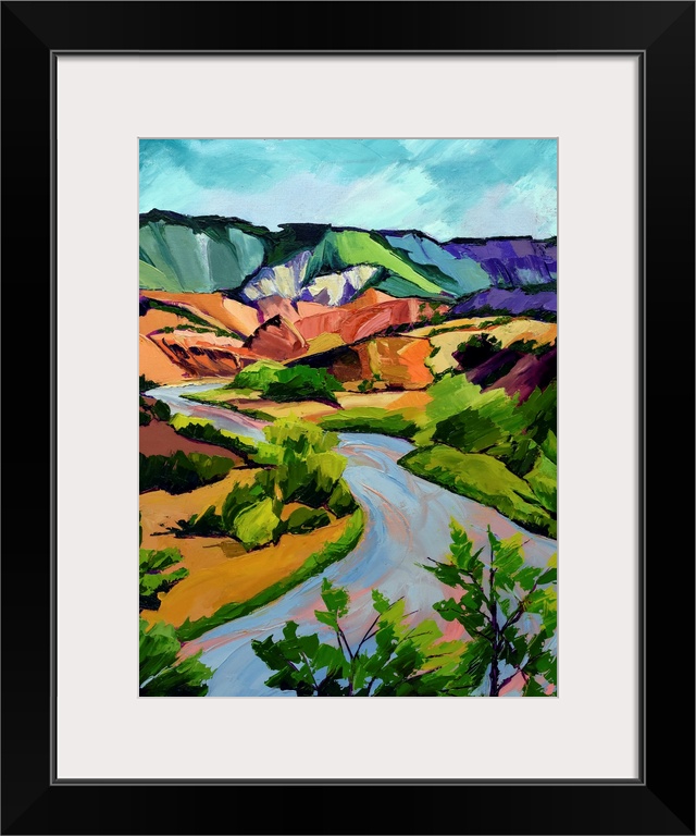 Scene in New Mexico of mountains, river, and valley in vivid colors.