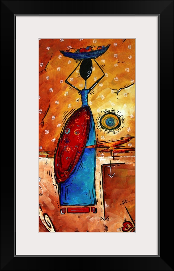 Abstract artwork of an African woman holding a bowl of fruit on her head.