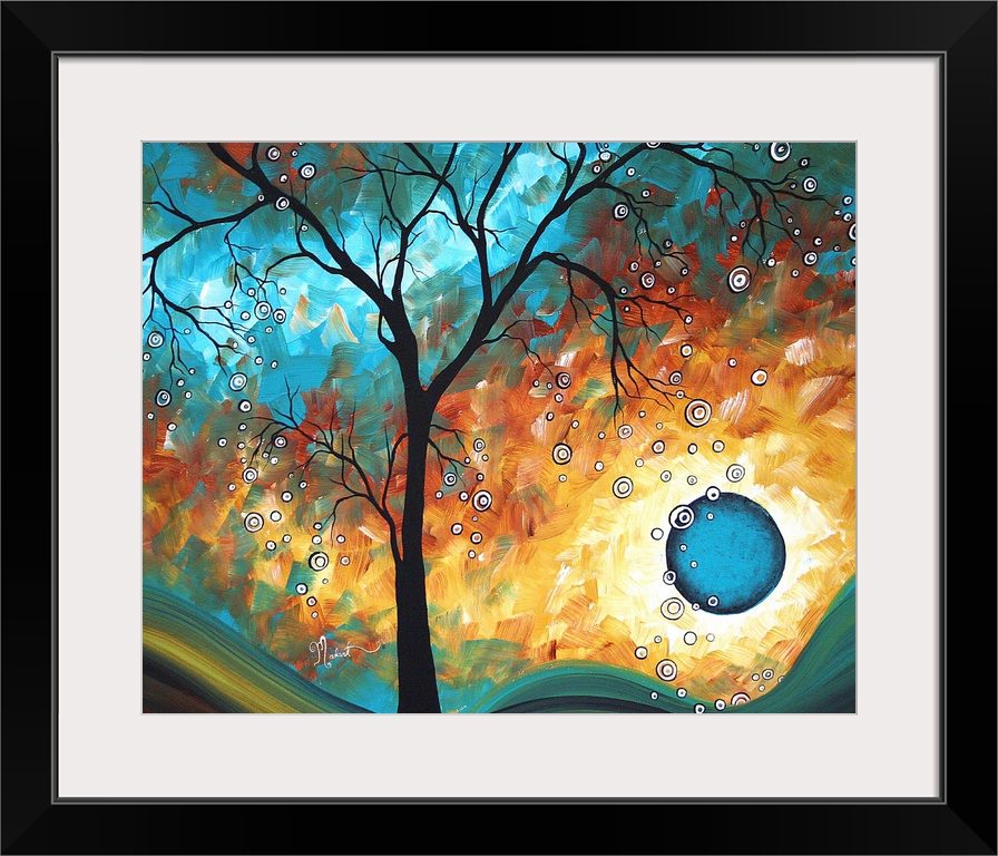 This is an abstract painting of a silhouetted tree in front of a multi-hued psychedelic landscape.