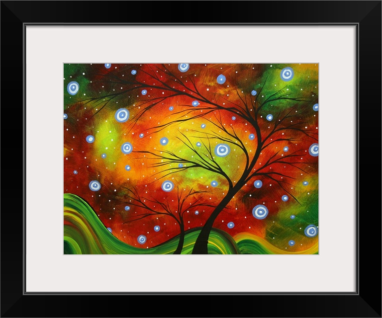 This surreal painting shows a silhouetted tree painted over a background of swirling colors and ethereal glows.