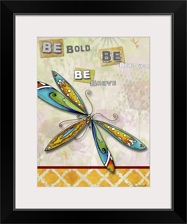 Inspirational decor artwork of a fantasy dragonfly with multicolored wings.