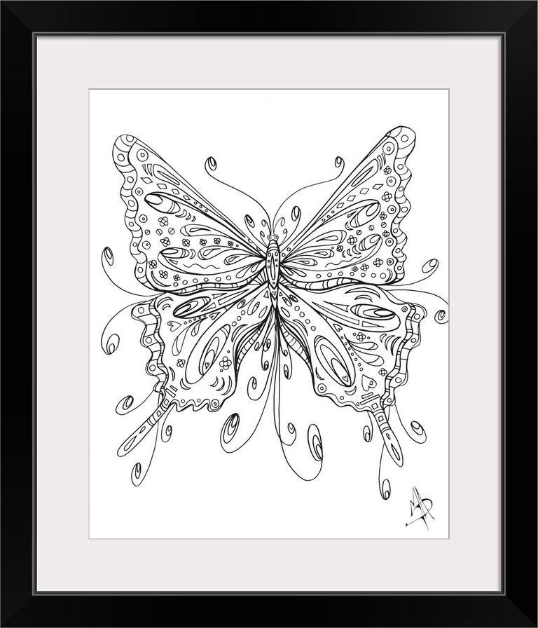 Black and white line art of a butterfly with large, patterned wings.