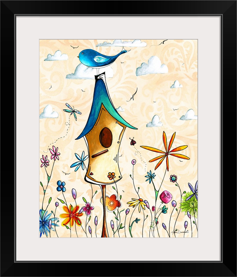 Charming illustration of a little bird sitting on top of a colorful bird house in a field of flowers.