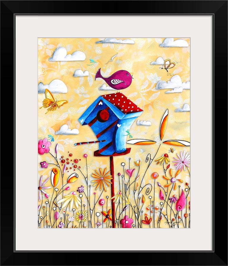 Charming illustration of a little bird sitting on top of a colorful bird house in a field of flowers.