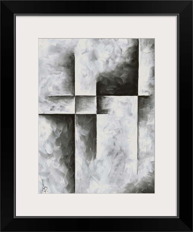 Contemporary abstract painting in grey and black shades.