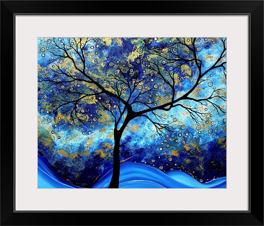Contemporary abstract painting of tree silhouette with tie-dye background.  There are also small circles scattered through...