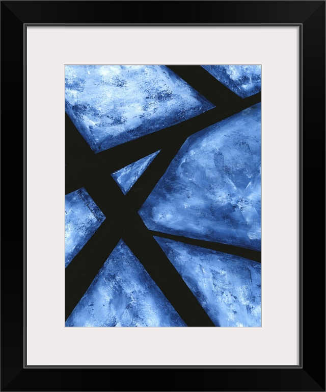 A contemporary abstract painting that has minimal white background covered with dark blue hues and thick black line design...