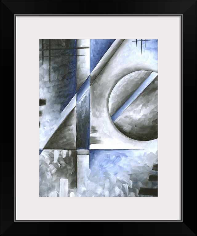 A contemporary abstract painting using angular shapes and blue and gray textures.