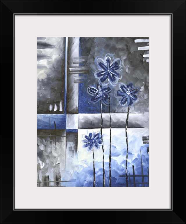 A contemporary abstract painting using angular shapes and blue and gray textures.