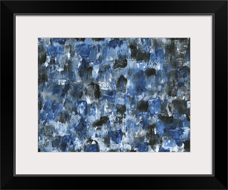 A contemporary abstract painting that has short and stout dark blue, black, white and gray brushstrokes closely together.