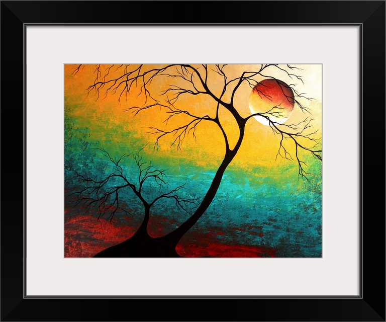 Contemporary abstract image of tree silhouettes with colorful striped horizontal sky and full moon.