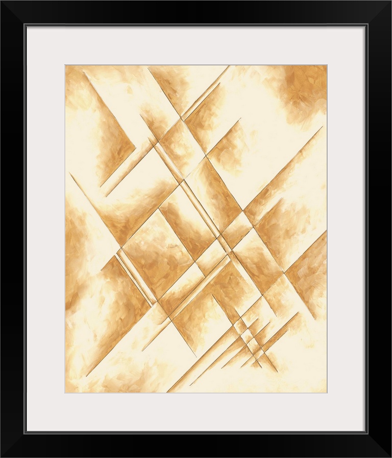 Contemporary abstract painting using tones of gold and angular shapes.