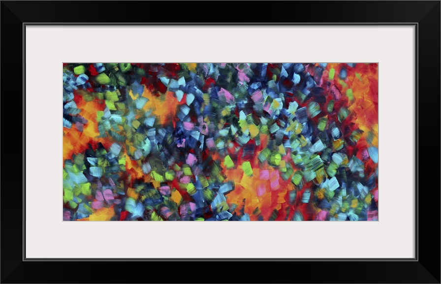 Abstract artwork that has lots of bright colors painted in tiny squares and grouped together by warm and cooler tones.