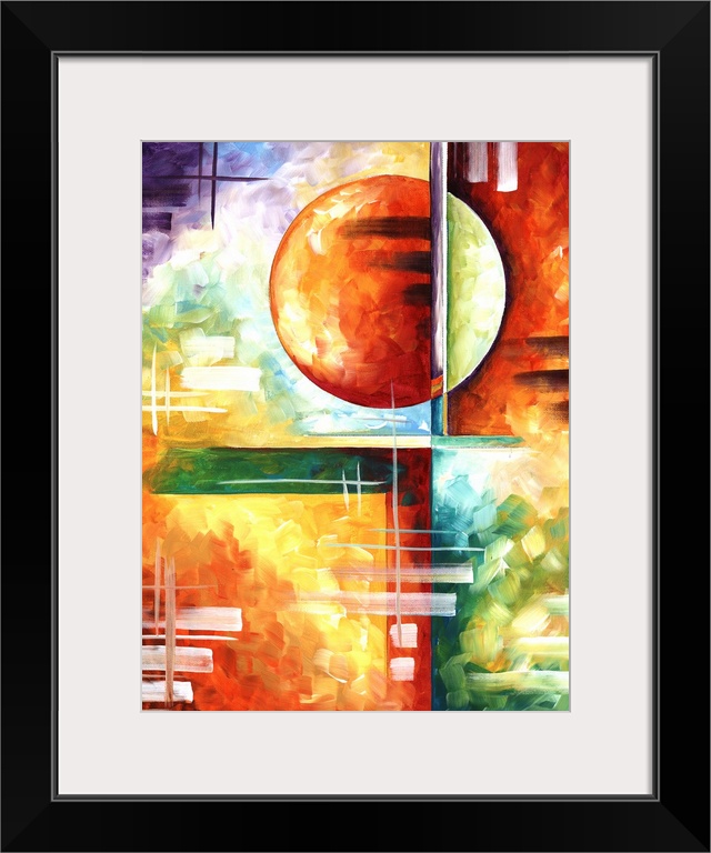 Contemporary abstract painting using a wide spectrum of colors and angular geometric shapes.