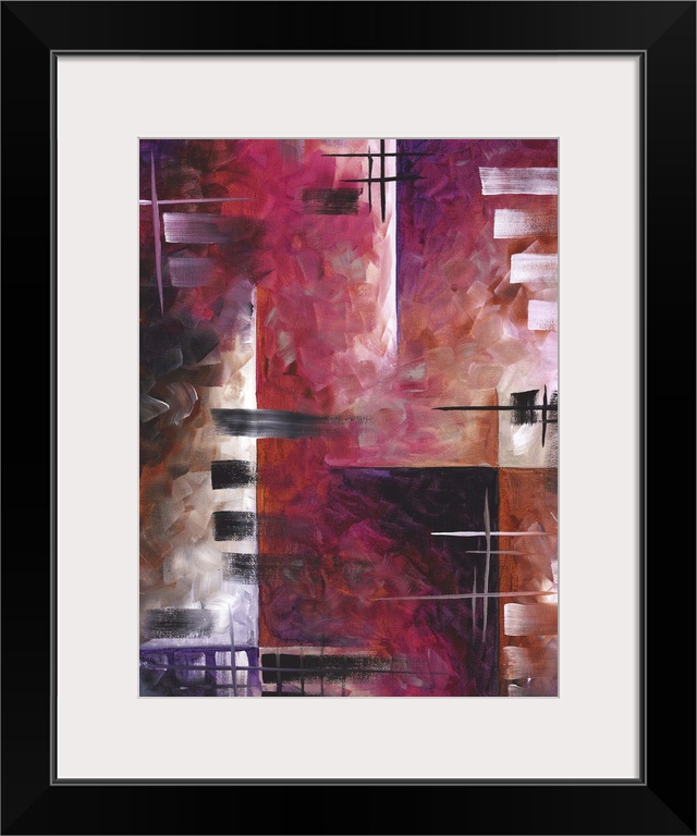 Contemporary abstract painting using deep purple and red tones and angular geometric shapes.