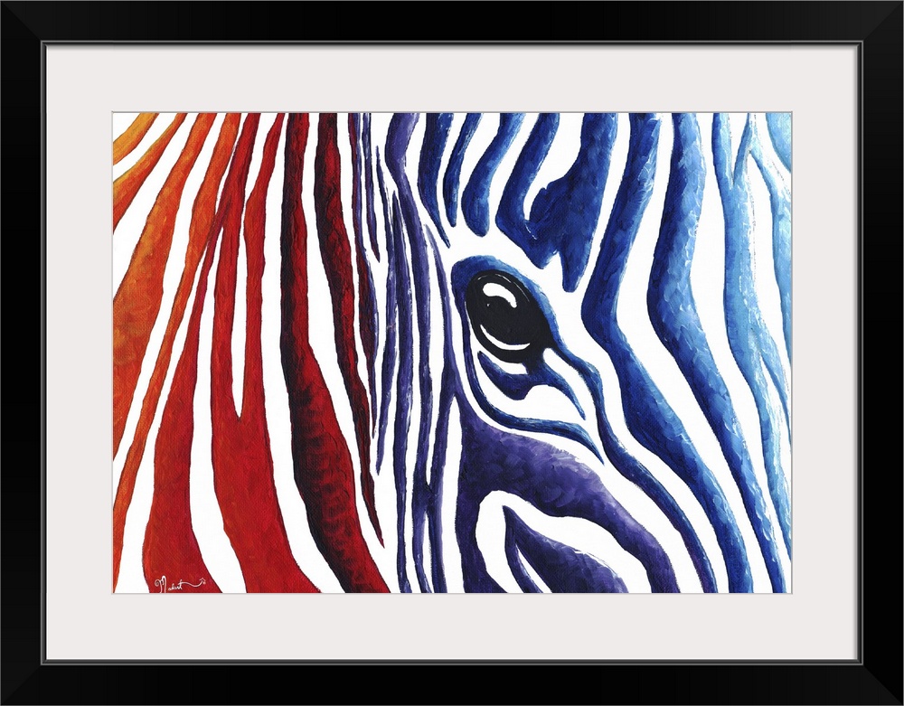 An original contemporary and colorful zebra painting. Crimson red flows into stripes of purple that blends into deep blue ...