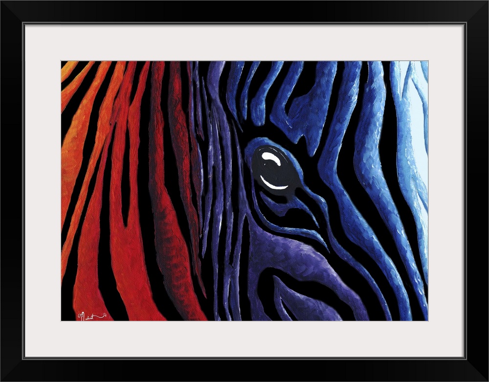 An original contemporary and colorful zebra painting. Crimson red flows into stripes of purple that blends into deep blue ...