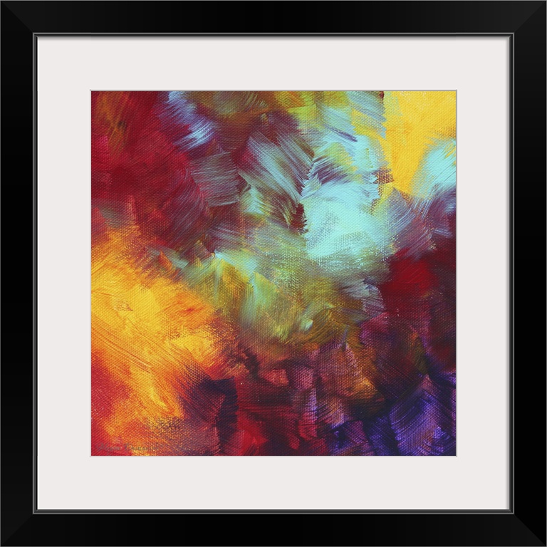 Square, large painting for a living room or office of multicolored, vibrant, overlapping brushstrokes that are painted in ...