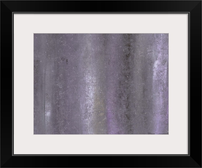 A contemporary abstract painting that has light purple and gray hues running vertically down with shimmering white speckle...